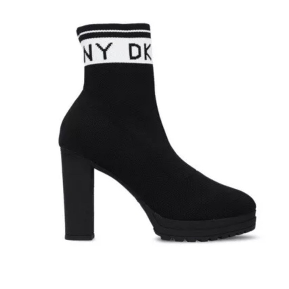 DKNY Women's Black Tessa Knitted Monogram Ship on Platform Heel Ankle Boots - Picture 11 of 13